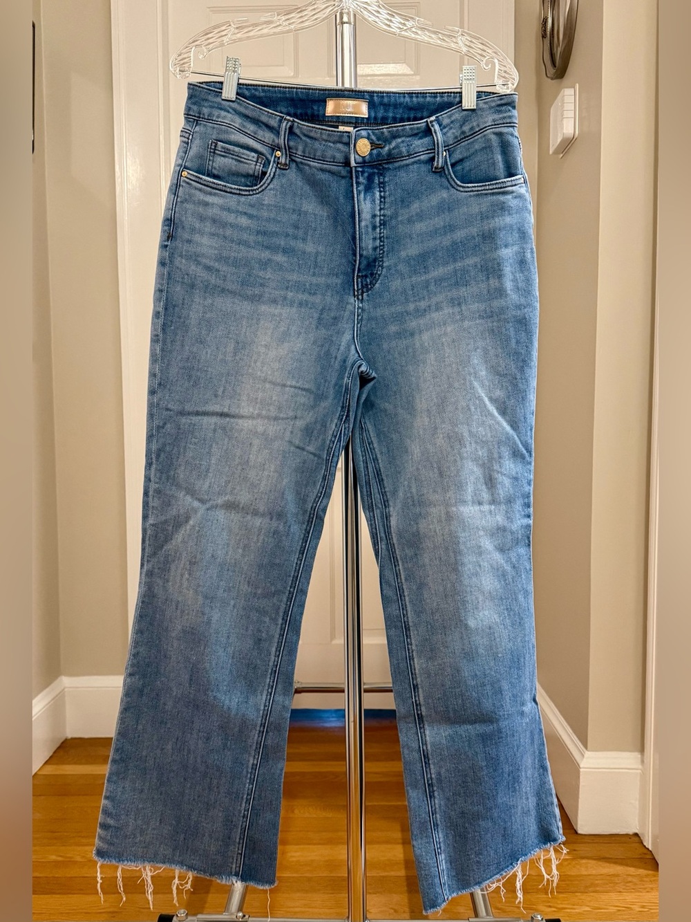 Kut from the Kloth Medium Wash Ankle Flare Jeans with Raw Hem, size 12